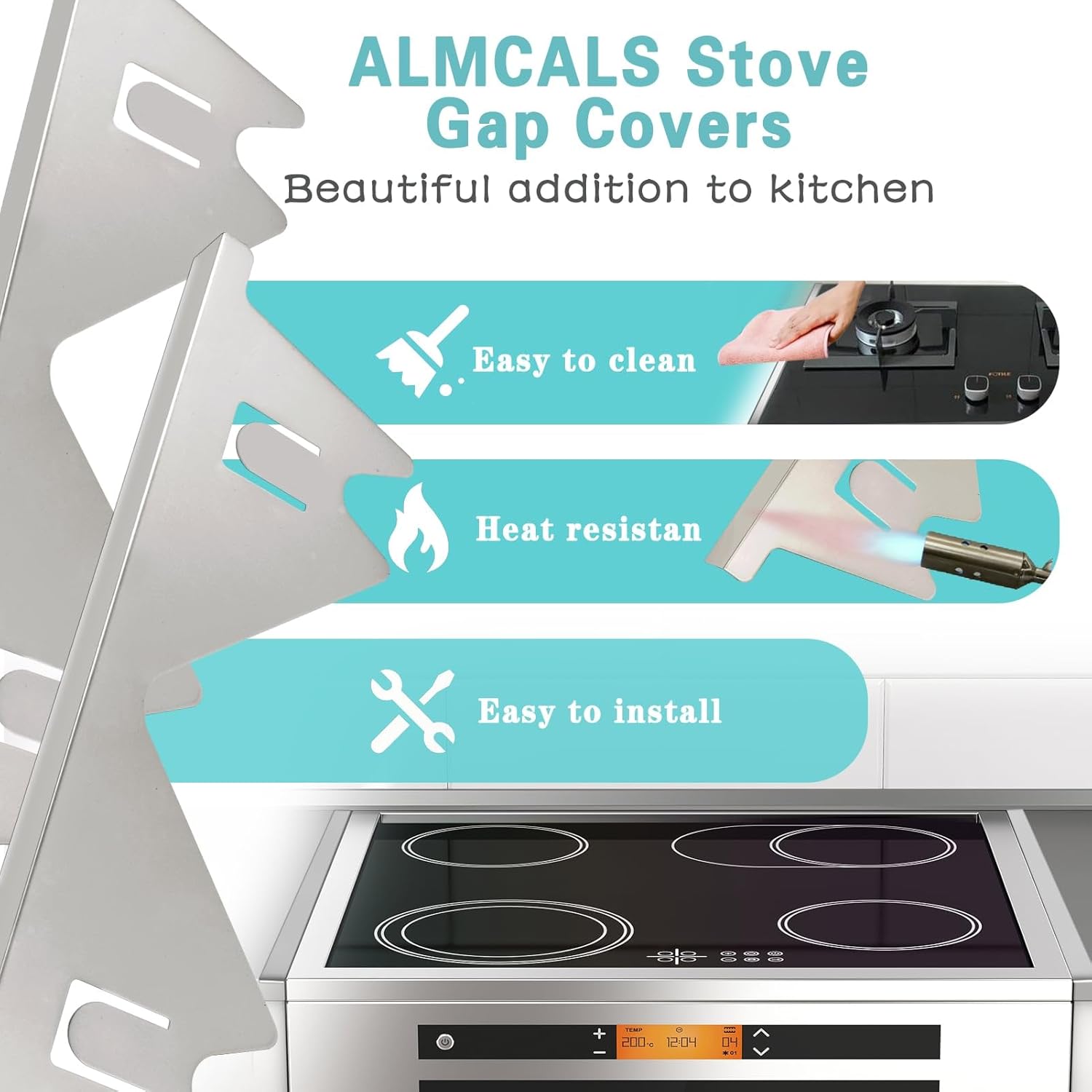 Stove Gap Covers Stainless Steel, 2 Pack Stove Gap Filler Easy Retractable Length 13.8 to 27.5, Width 0.79 ALMCALS Range Trim Kit, Heat Resistant Guard Between Stove Top & Counter